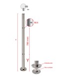 Poste Redondo 43 mm de Acero Inoxidable 316 Brillo y Satinado con Rosa Métrica M8 a 90º y Anclaje en la Base